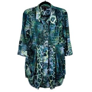 Elena Wang Artsy Leopard Print 3/4 Roll Tab Sleeve Flowy Tunic Blouse Medium